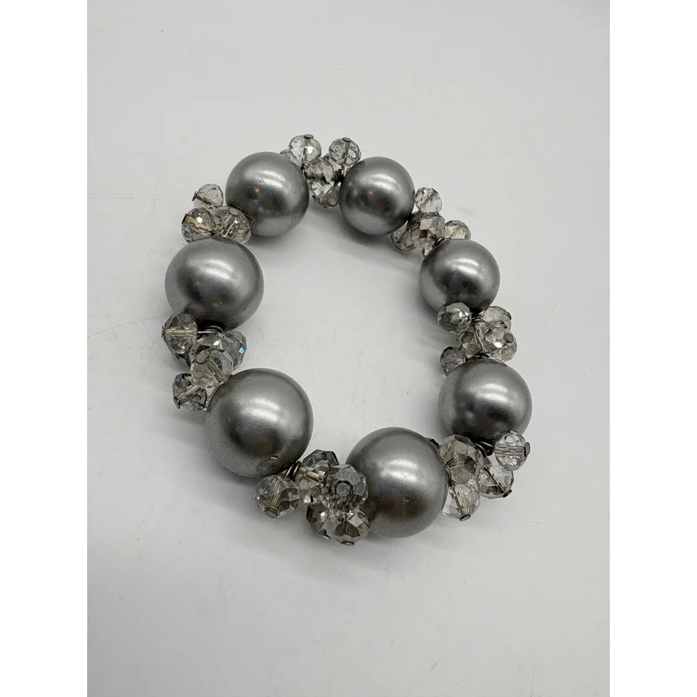 Chunky‎ Silver Faux Pearl and Faceted Crystal Beaded Stretch Statement Bracelet
